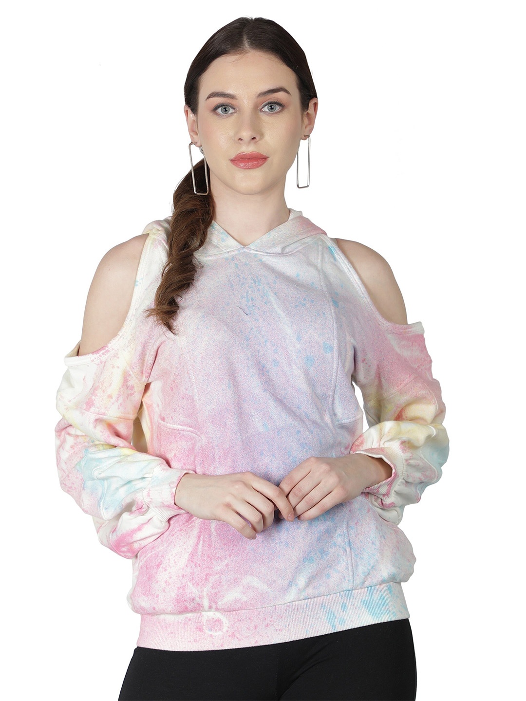 NUEVOSDAMAS Women Pink & Yellow Abstract Printed Cold shoulder Cotton Hooded Sweatshirt
NUEVOSDAMAS Women Pink & Yellow Abstract Printed Cold shoulder Cotton Hooded Sweatshirt