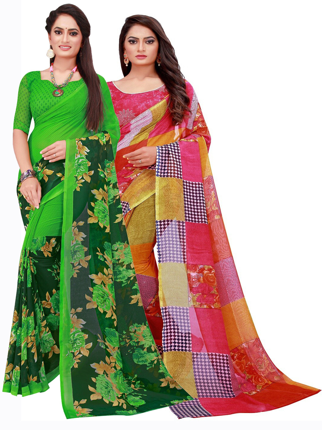 Silk Bazar Red & Green Pack of 2 Floral Pure Georgette Sarees
Silk Bazar Red & Green Pack of 2 Floral Pure Georgette Sarees