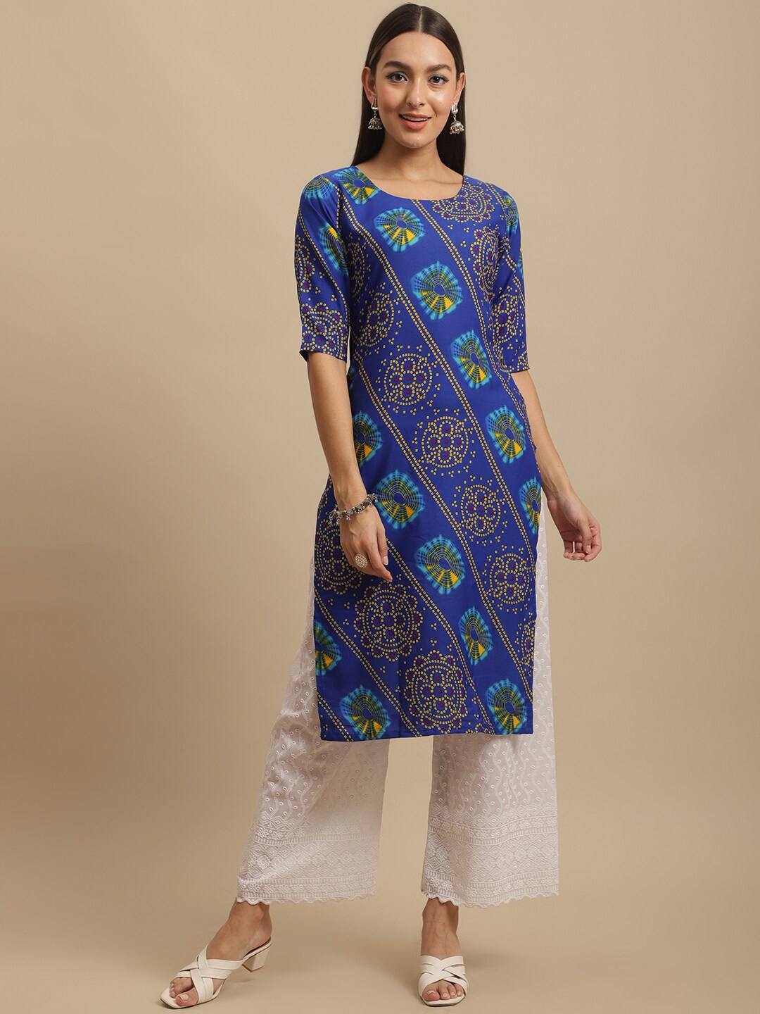 KALINI Women Multicoloured Geometric Printed Thread Work Block Print Handloom Crepe Kurta, Multi
KALINI Women Multicoloured Geometric Printed Thread Work Block Print Handloom Crepe Kurta, Multi