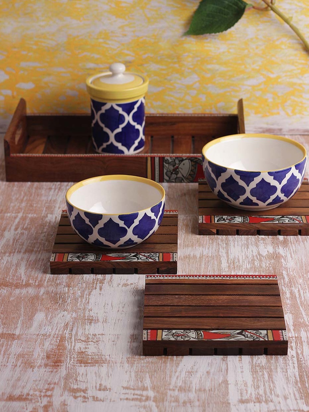 VarEesha Set Of 5 Brown Rectangular Handmade Madhubani Sheesham Wood Tray with 4 Trivets
VarEesha Set Of 5 Brown Rectangular Handmade Madhubani Sheesham Wood Tray with 4 Trivets