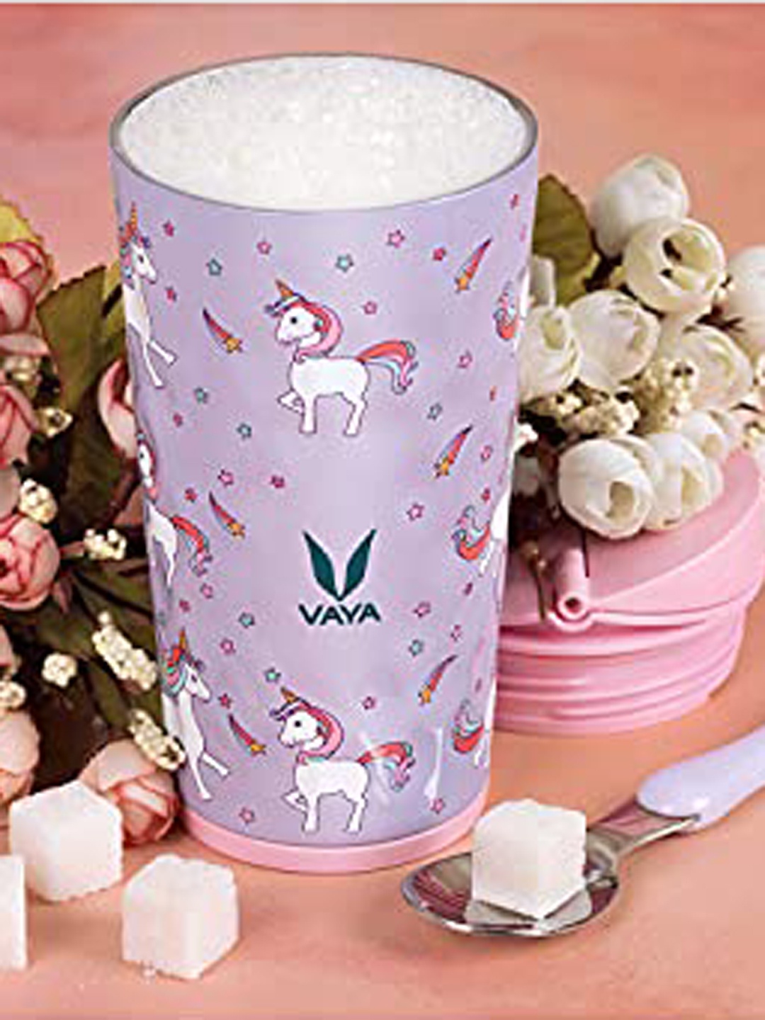 Vaya Pink Unicorn Printed Stainless Steel Water Bottle With Gulper 600 ml