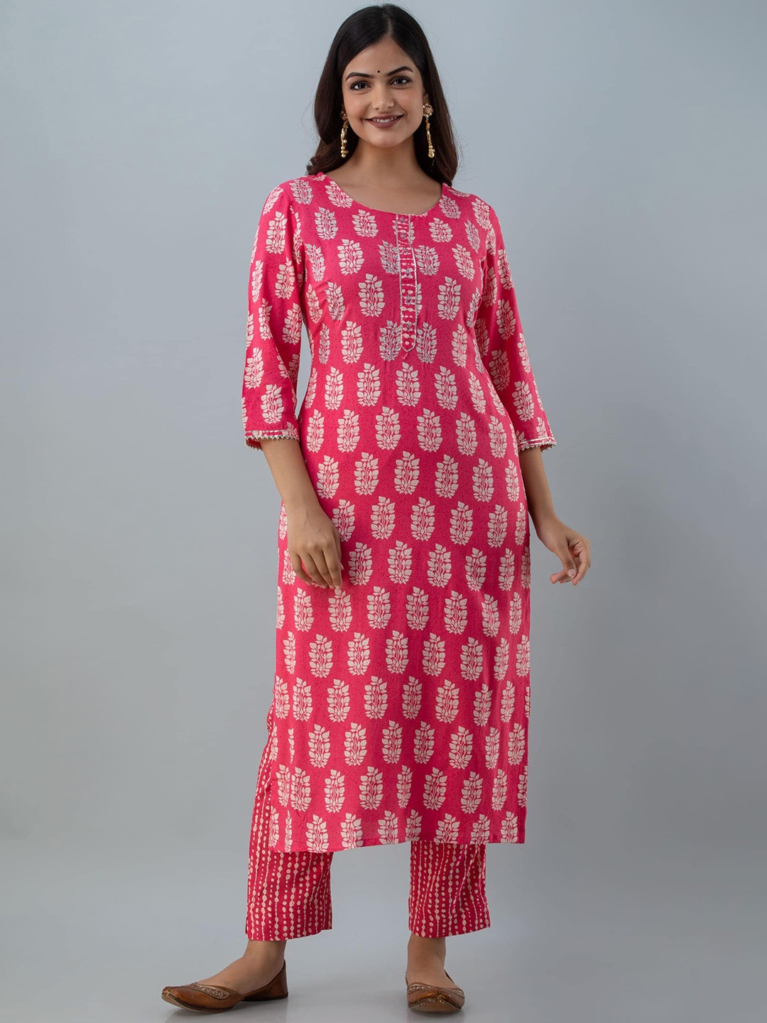 TASVIKA Women Pink Floral Printed Pure Cotton Kurta with Trousers