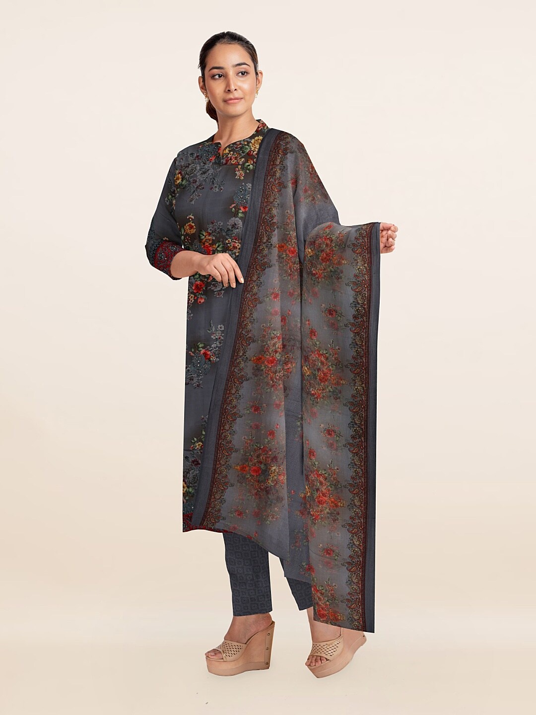 Pothys Grey & Red Printed Unstitched Dress Material