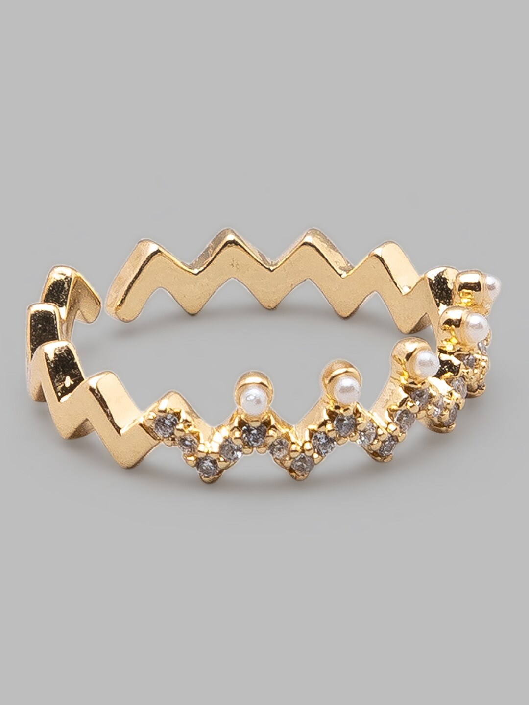 Globus Gold-Plated White AD Stone-Studded & Pearl Beaded Zig Zag adjustable Finger Ring
Globus Gold-Plated White AD Stone-Studded & Pearl Beaded Zig Zag adjustable Finger Ring