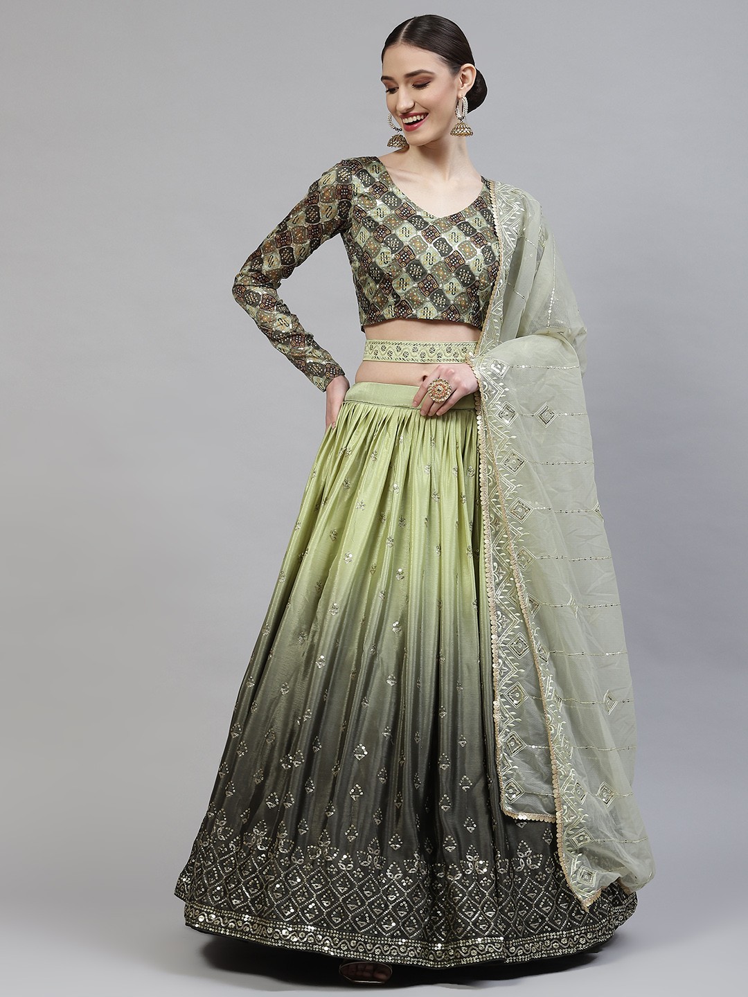 SHUBHKALA Grey & Teal Blue Embroidered Semi-Stitched Lehenga & Blouse With Dupatta, Green
SHUBHKALA Grey & Teal Blue Embroidered Semi-Stitched Lehenga & Blouse With Dupatta, Green