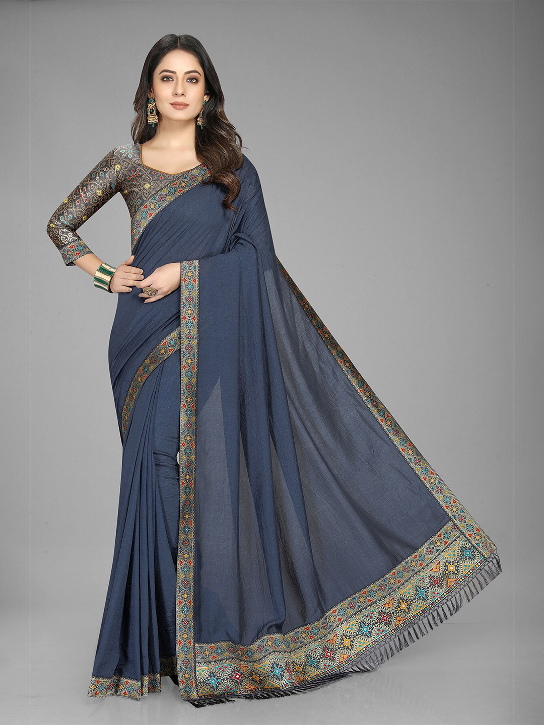 Anjaneya Sarees Grey & Blue Silk Blend Ready to Wear Saree 
Anjaneya Sarees Grey & Blue Silk Blend Ready to Wear Saree
