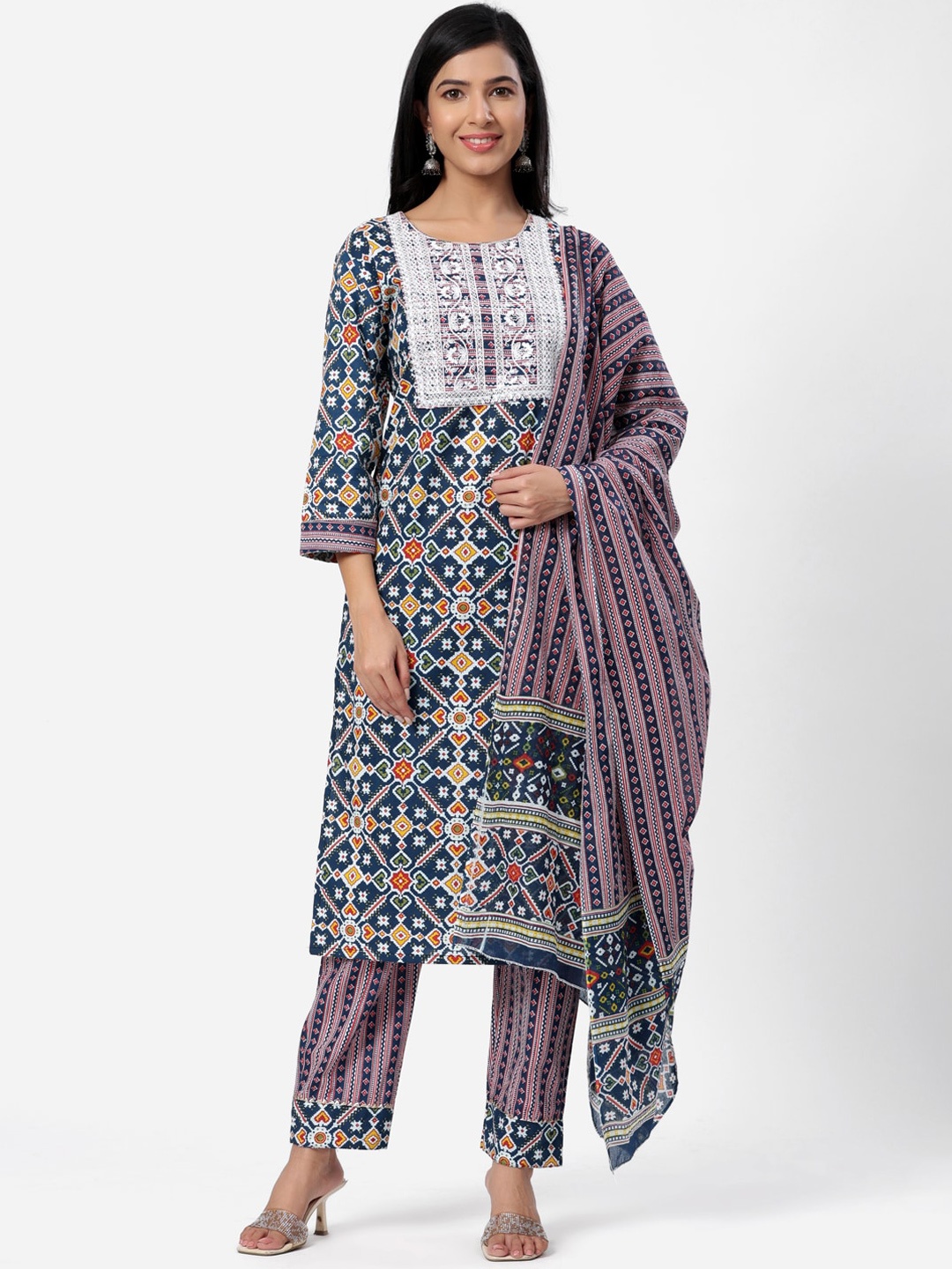 SBR BABA KURTI Women Blue Printed Thread Work Pure Cotton Kurta with Trousers & Dupatta
SBR BABA KURTI Women Blue Printed Thread Work Pure Cotton Kurta with Trousers & Dupatta