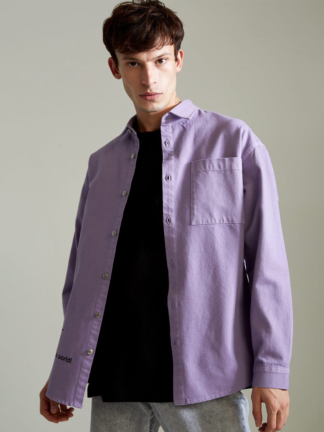 DeFacto Men Lavender Printed Cotton Casual Shirt