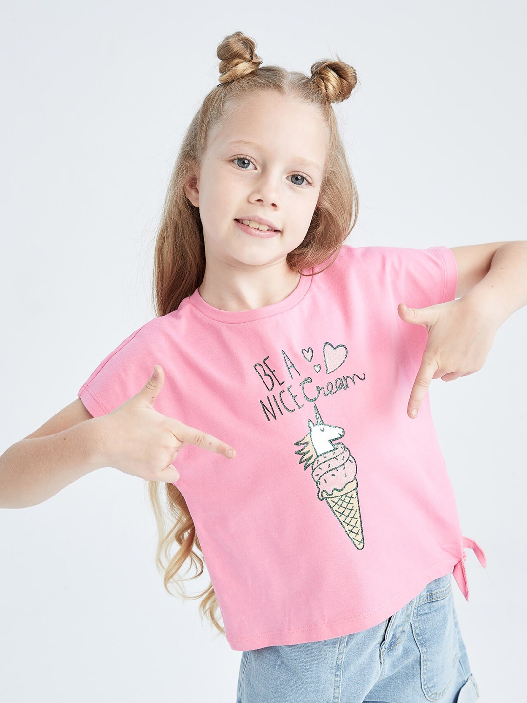 DeFacto Pink Graphic Printed Pure Cotton Top