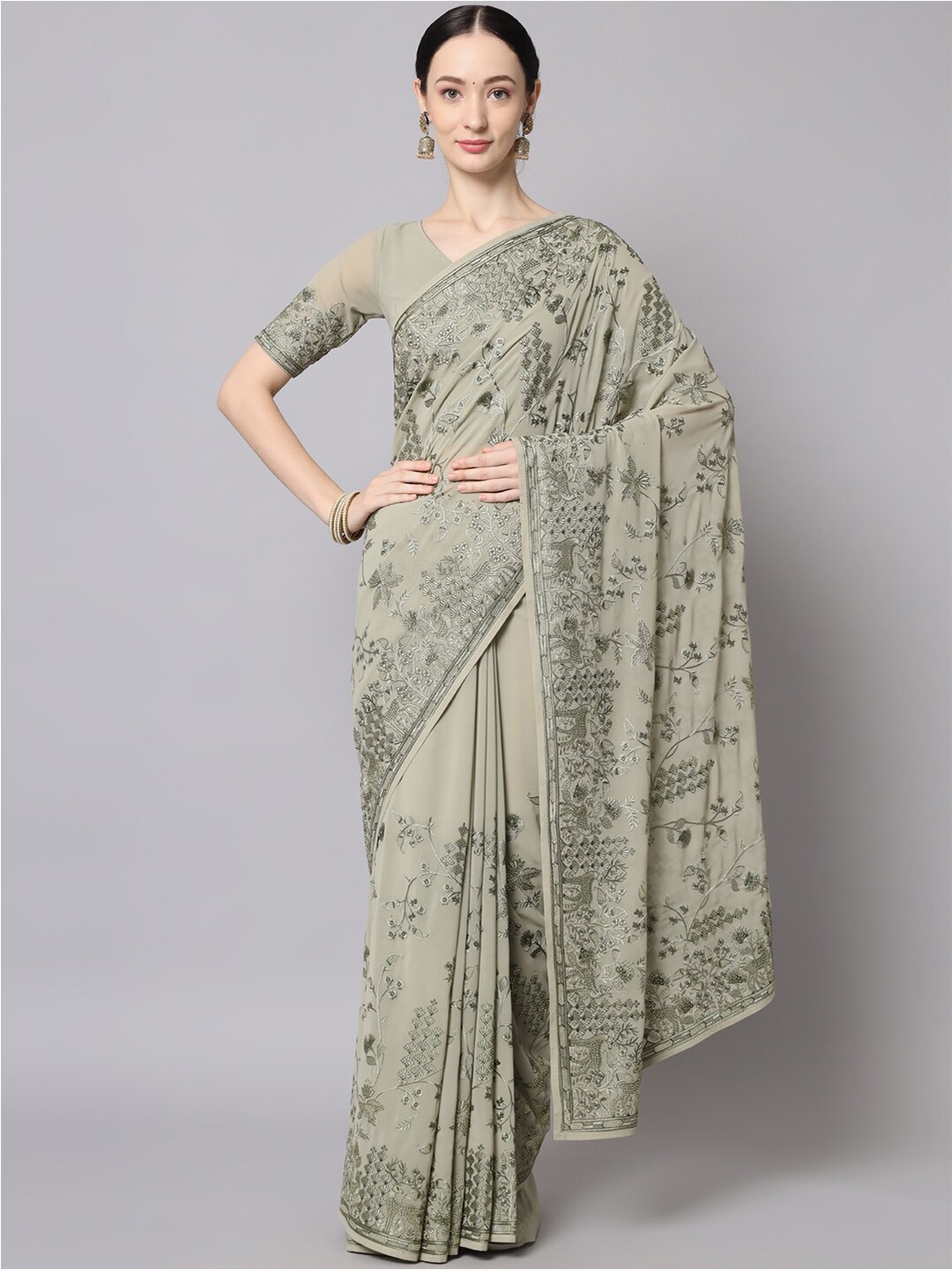 Sitaram Designer Olive Green Floral Embroidered Pure Georgette Saree