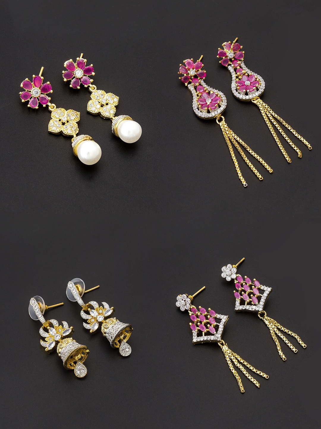aadita Women Pack Of 4 White & Pink Gold Plated Contemporary Drop Earrings