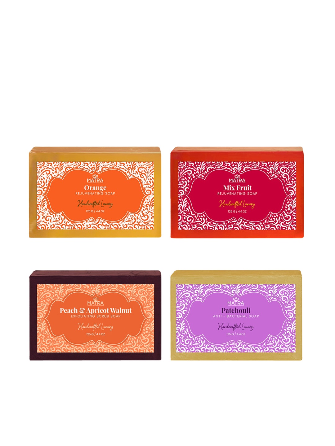 MATRA Set Of 4 Bathing Soaps - Mix Fruit + Peach-Apricot + Orange + Patchouli - 125g each, Red
MATRA Set Of 4 Bathing Soaps - Mix Fruit + Peach-Apricot + Orange + Patchouli - 125g each, Red