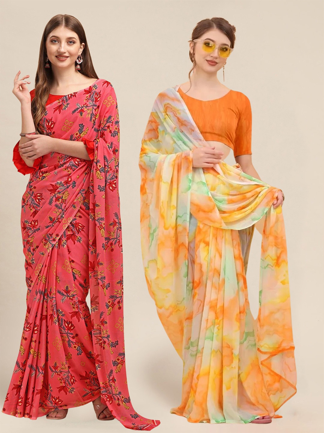 MS RETAIL Pink & Orange Pack of 2 Floral Print Pure Georgette Sarees