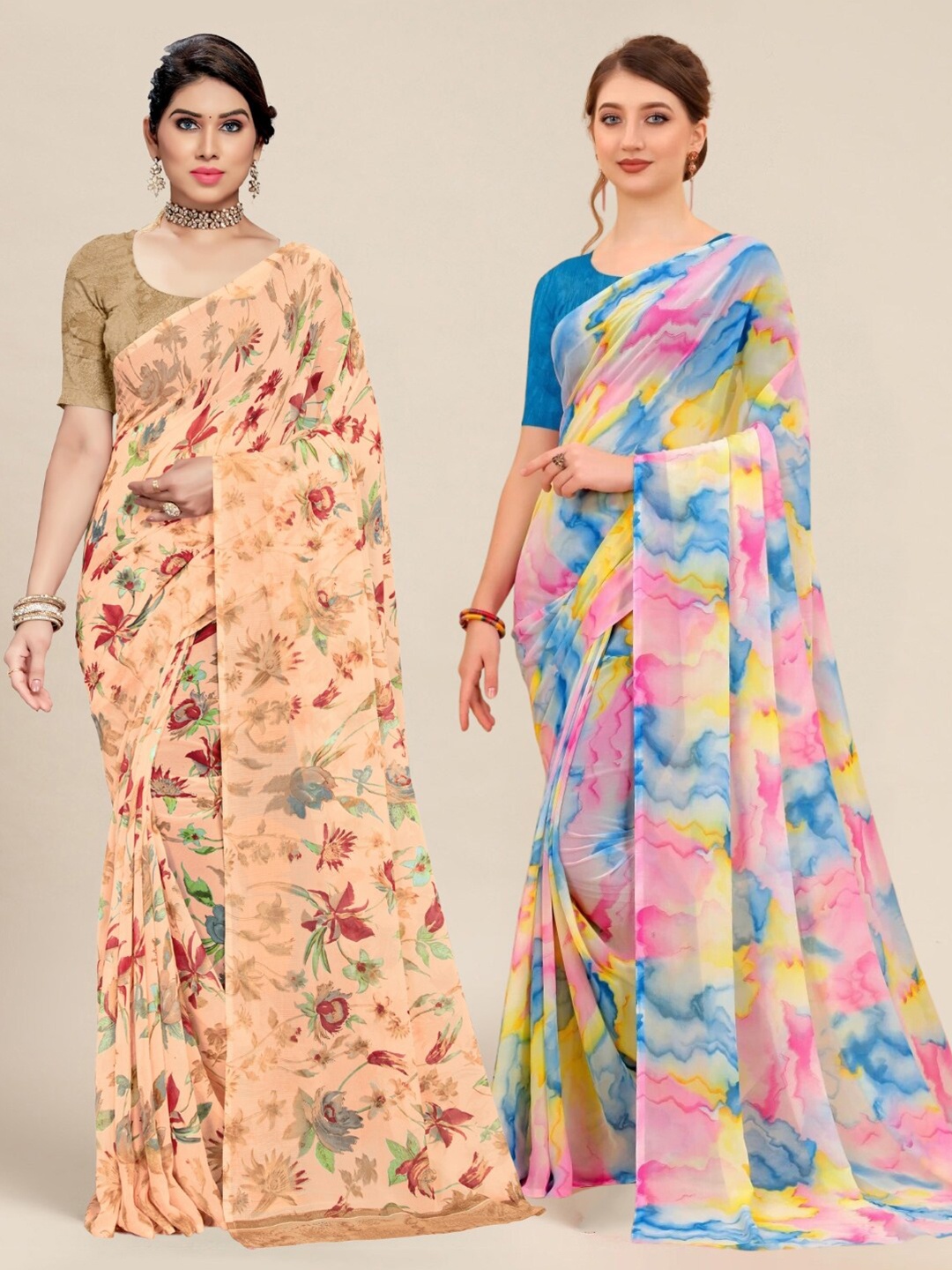 MS RETAIL Peach & Blue Pack of 2 Printed Pure Georgette Sarees