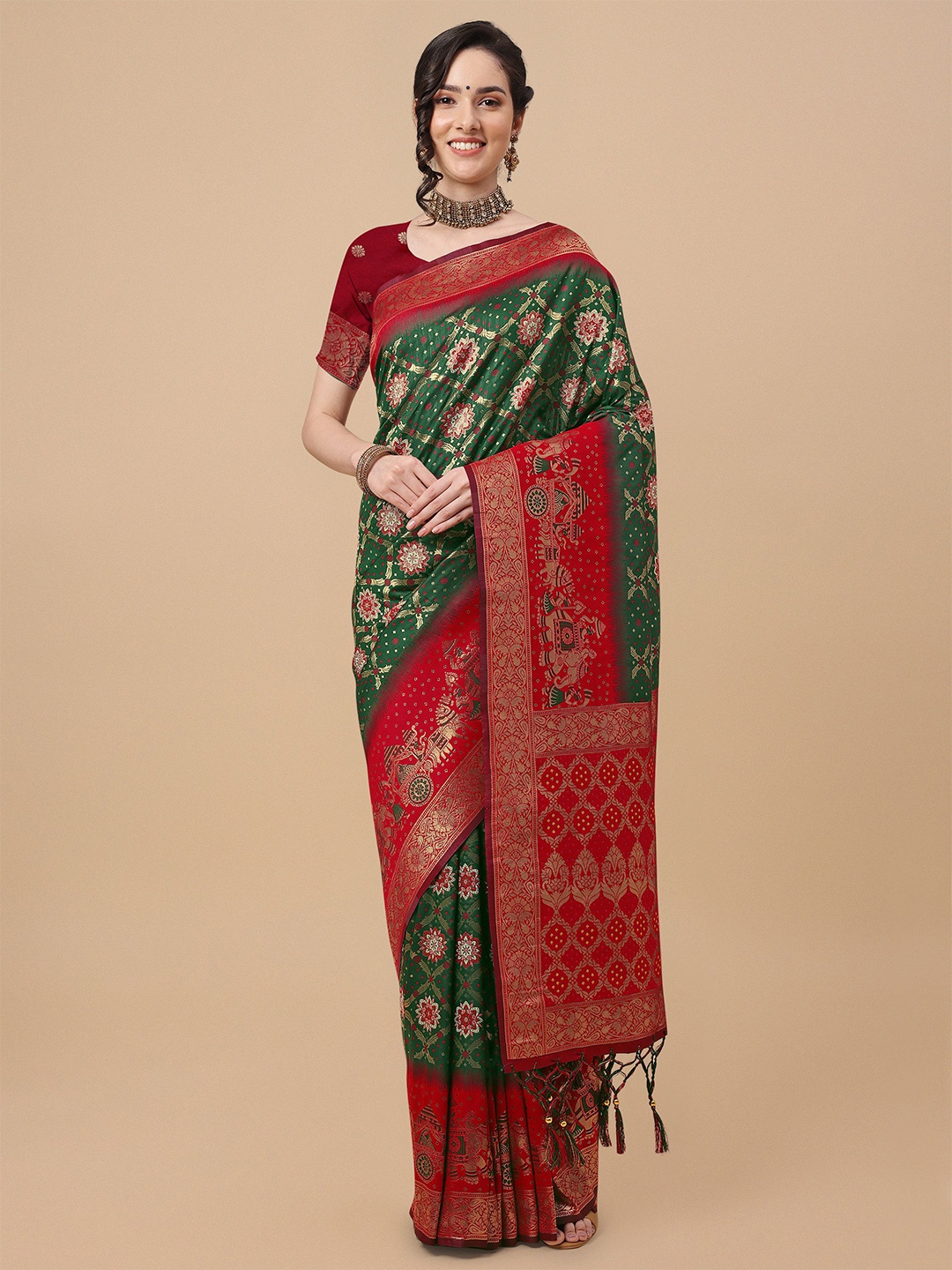 Mitera Green & Red Floral Zari Silk Blend Banarasi Saree