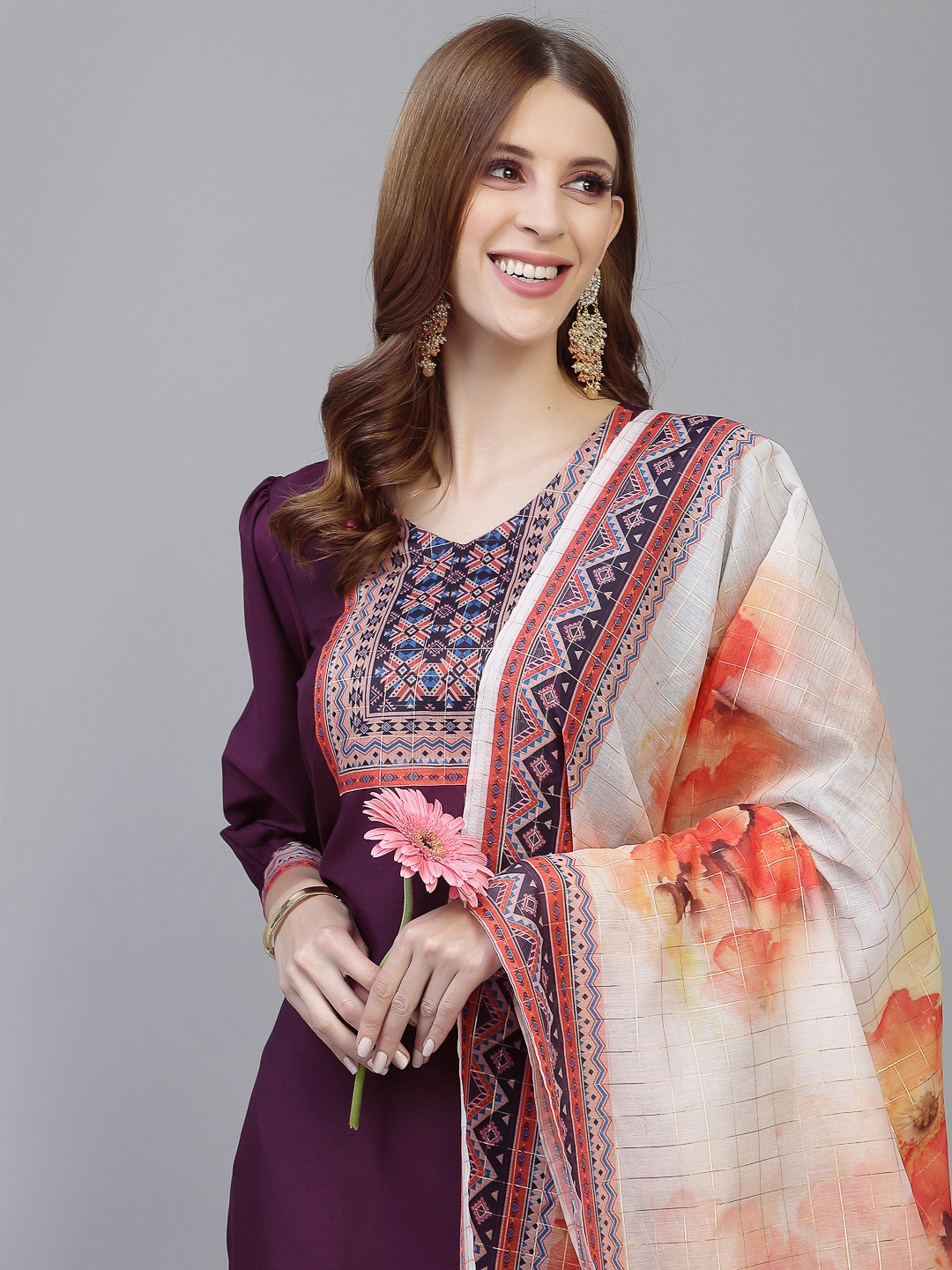 SKYLEE Women Purple & Coral Yoke Design Kurta with Trousers & Dupatta