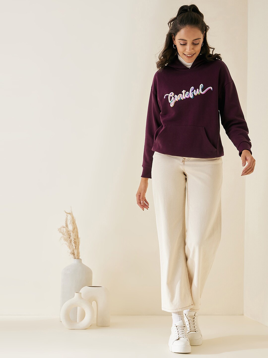 Femella Women Maroon Typography Printed Hooded Sweatshirt