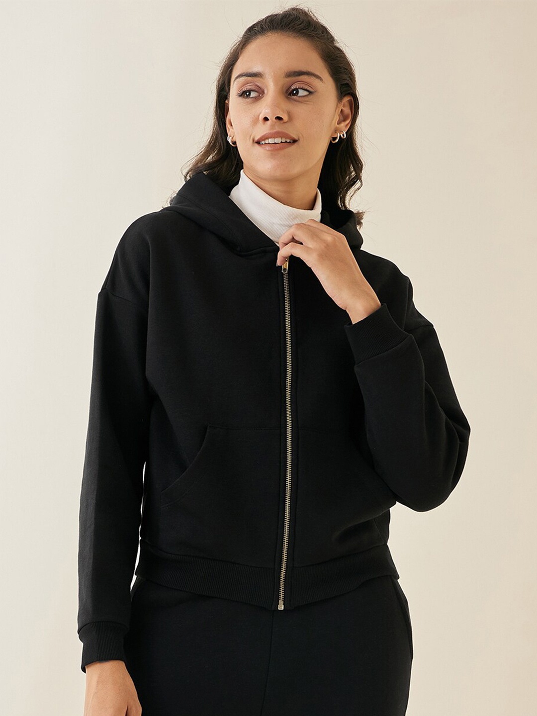 Femella Women Black Solid Hooded Sweatshirt