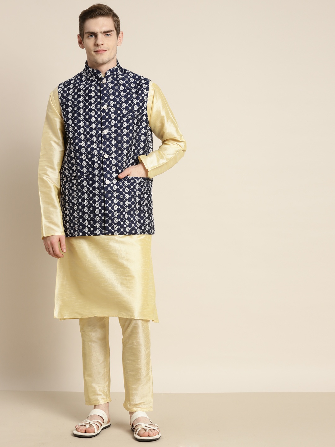 SOJANYA Men Solid Kurta with Churidar & Ethnic Motifs Embroidered Nehru Jacket, Gold
SOJANYA Men Solid Kurta with Churidar & Ethnic Motifs Embroidered Nehru Jacket, Gold