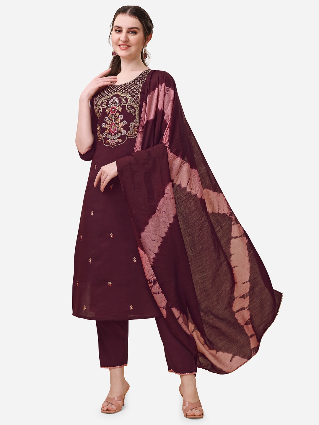 Berrylicious Women Maroon Ethnic Motifs Embroidered Beads and Stones Chanderi Cotton Kurta with Trousers &
Berrylicious Women Maroon Ethnic Motifs Embroidered Beads and Stones Chanderi Cotton Kurta with Trousers &