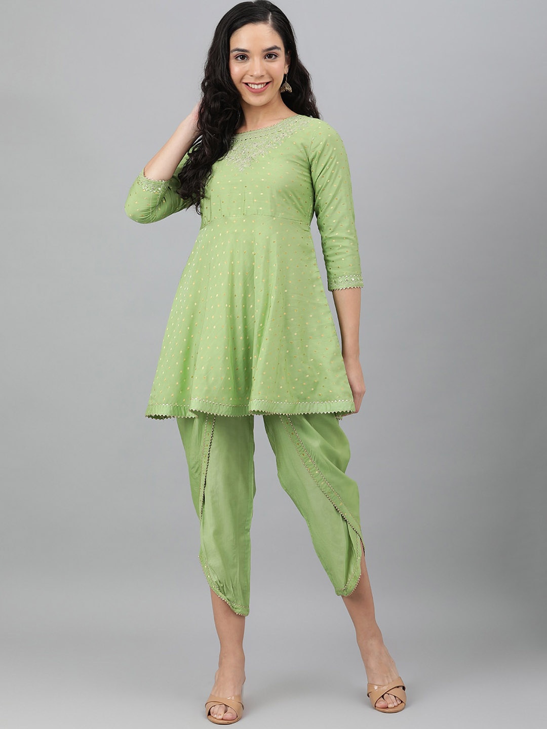 Ragavi Women Green Floral Embroidered Mirror Work Chanderi Silk Kurti with Dhoti Pant Set
Ragavi Women Green Floral Embroidered Mirror Work Chanderi Silk Kurti with Dhoti Pant Set