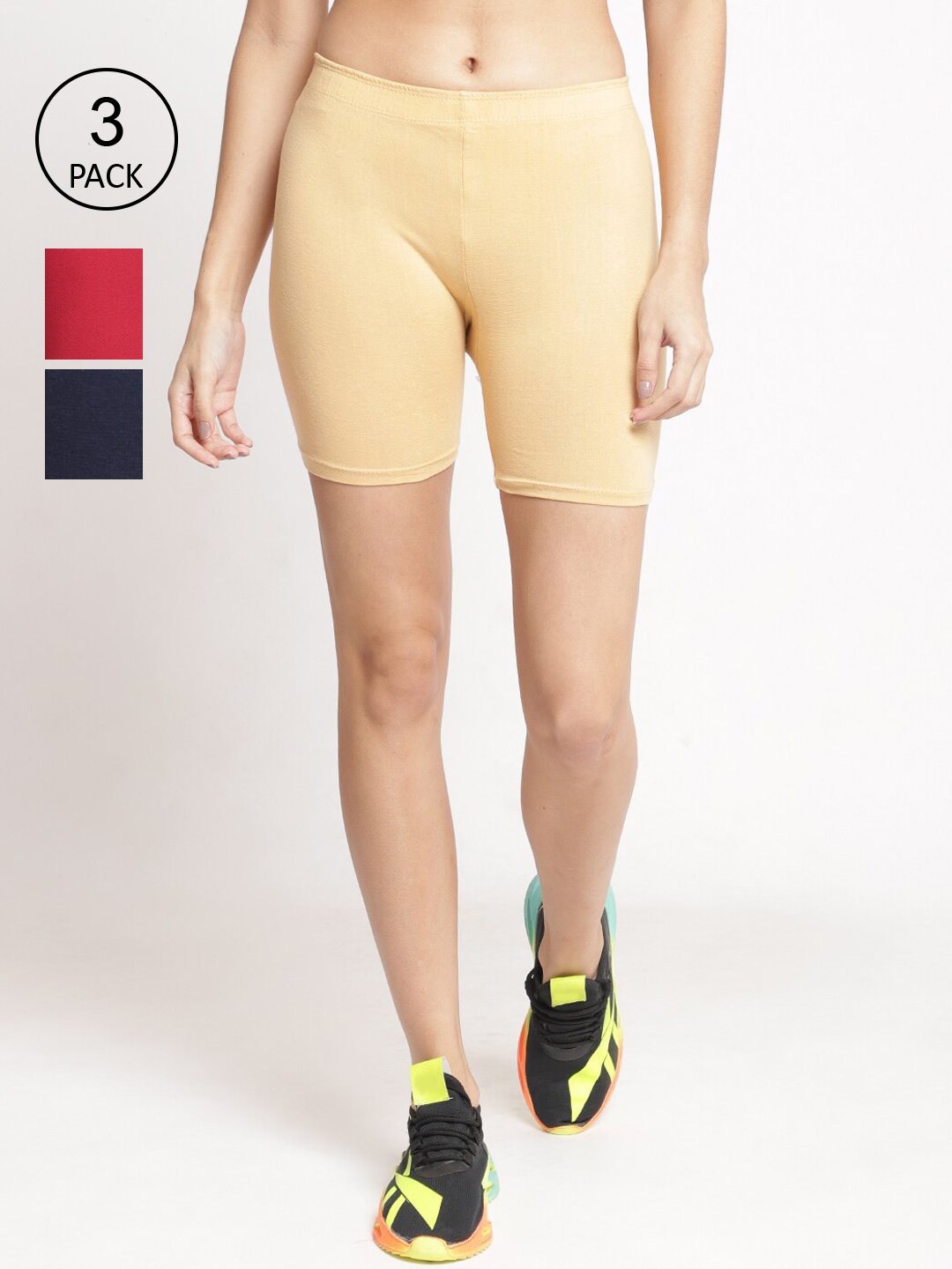 GRACIT Pack of 3 Cycling Cotton Sports Shorts, Beige