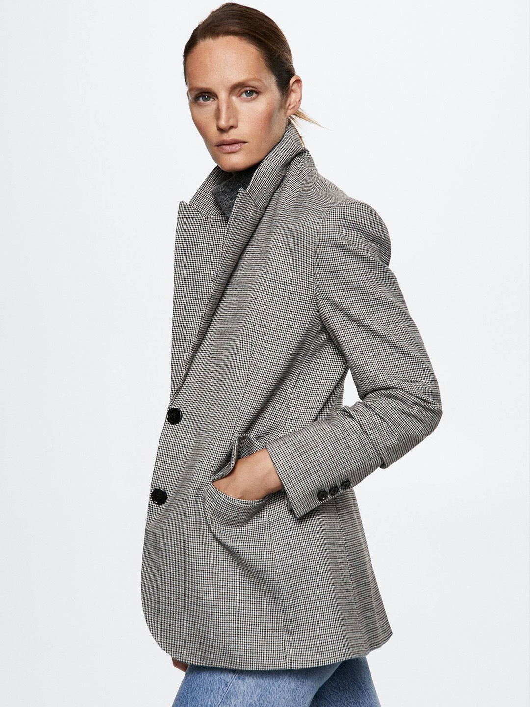 MANGO Grey & Black Houndstooth Pattern Wool Blend Blazer