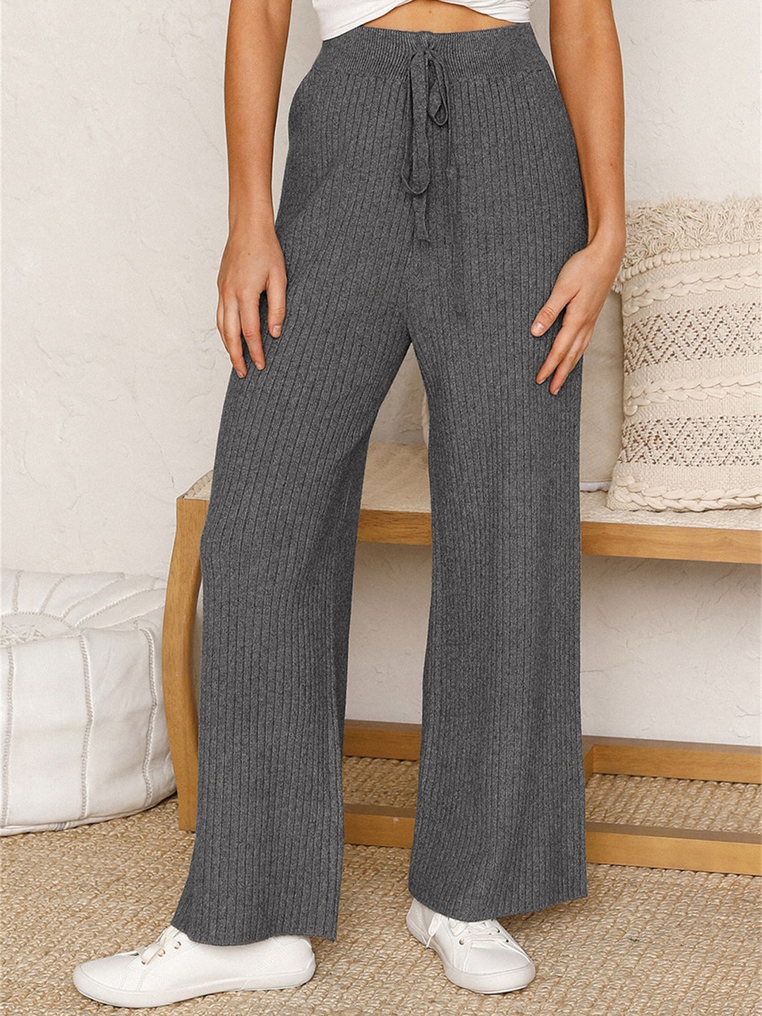 BoStreet Women Grey Striped Parallel Trousers