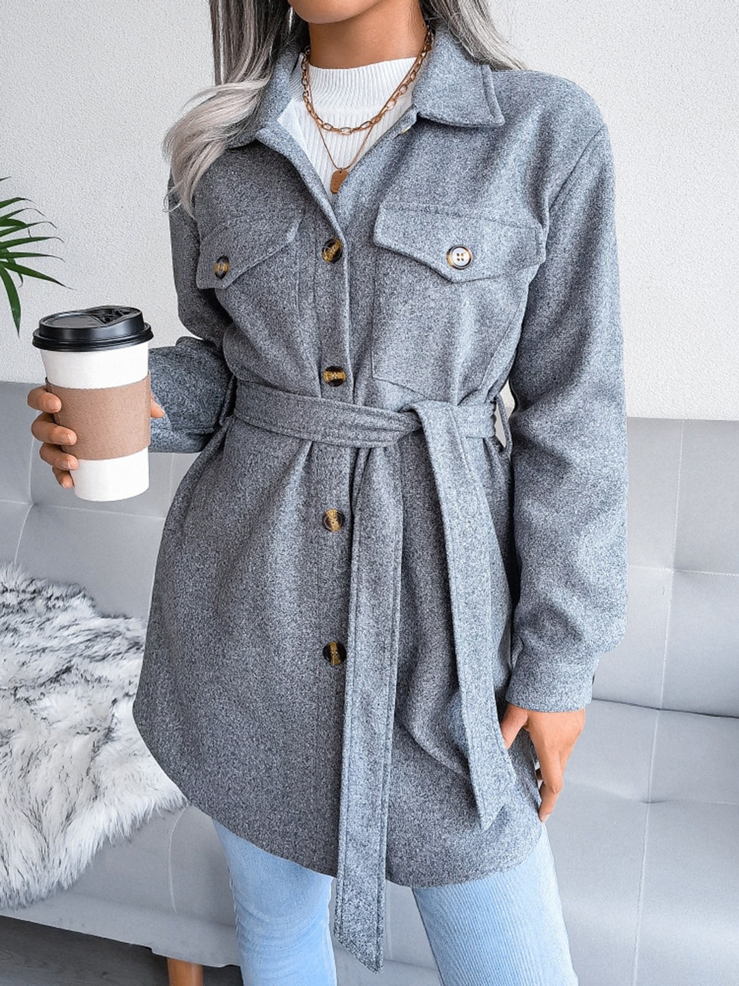 BoStreet Women Grey Solid Longline Trench Coat
