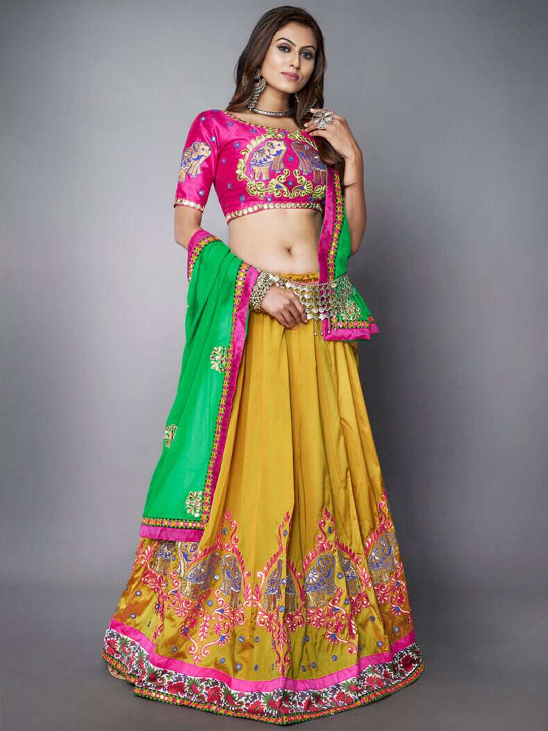 Fusionic Mustard & Pink Embroidered Mirror Work Semi-Stitched Lehenga & Unstitched Blouse With Dupatta
Fusionic Mustard & Pink Embroidered Mirror Work Semi-Stitched Lehenga & Unstitched Blouse With Dupatta