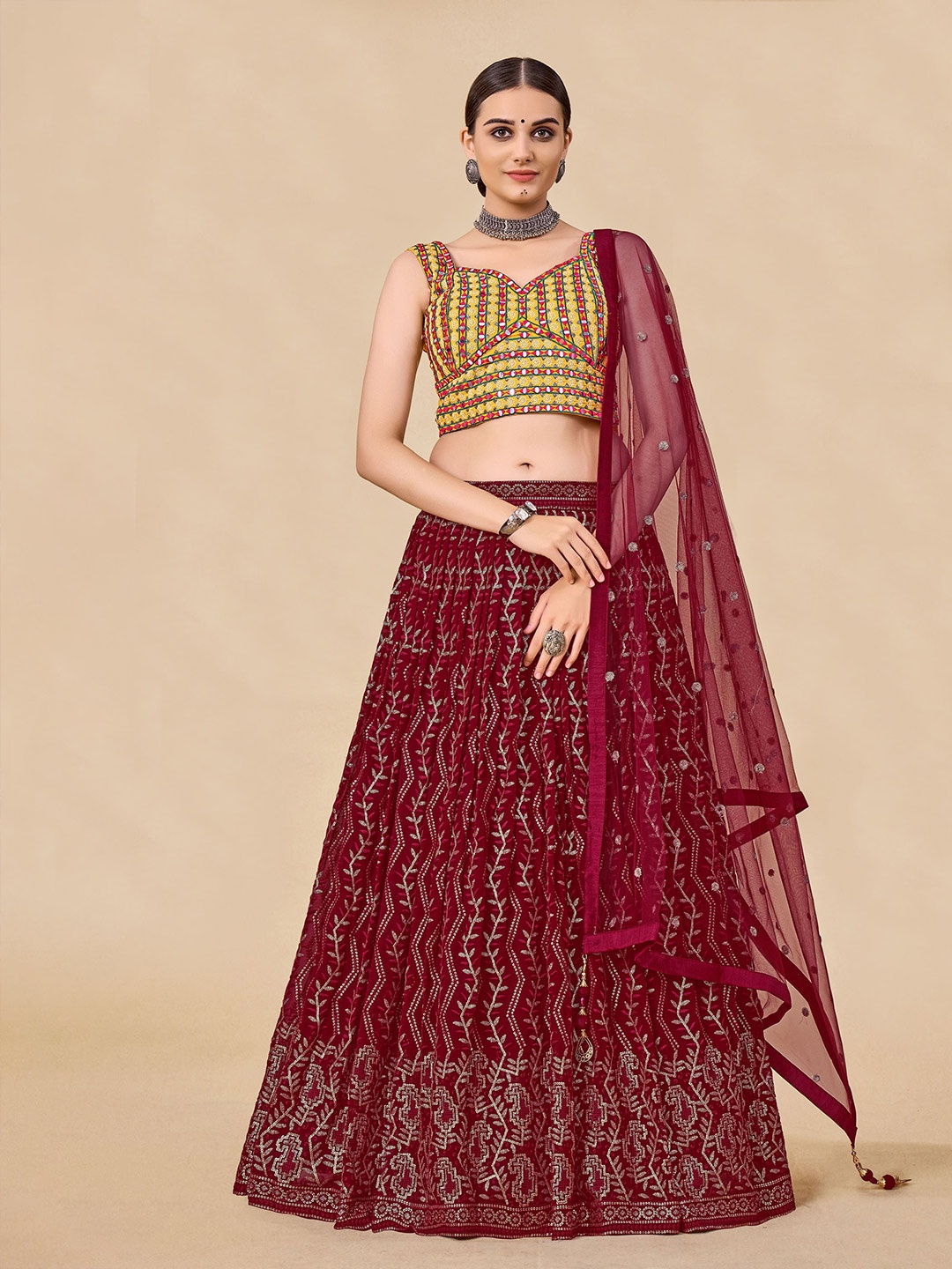 Fusionic Maroon & Yellow Embroidered Mirror Work Semi-Stitched Lehenga & Unstitched Blouse With Dupatta
Fusionic Maroon & Yellow Embroidered Mirror Work Semi-Stitched Lehenga & Unstitched Blouse With Dupatta