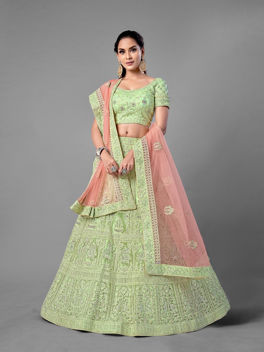 Fusionic Green & Silver-Toned Embroidered Thread Work Semi-Stitched Lehenga & Unstitched Blouse With Dupatta
Fusionic Green & Silver-Toned Embroidered Thread Work Semi-Stitched Lehenga & Unstitched Blouse With Dupatta