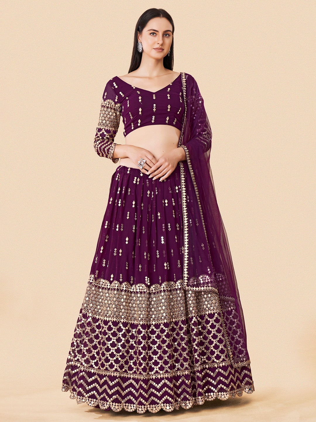 Fusionic Burgundy & Gold-Toned Embroidered Semi-Stitched Lehenga & Unstitched Blouse With Dupatta
Fusionic Burgundy & Gold-Toned Embroidered Semi-Stitched Lehenga & Unstitched Blouse With Dupatta