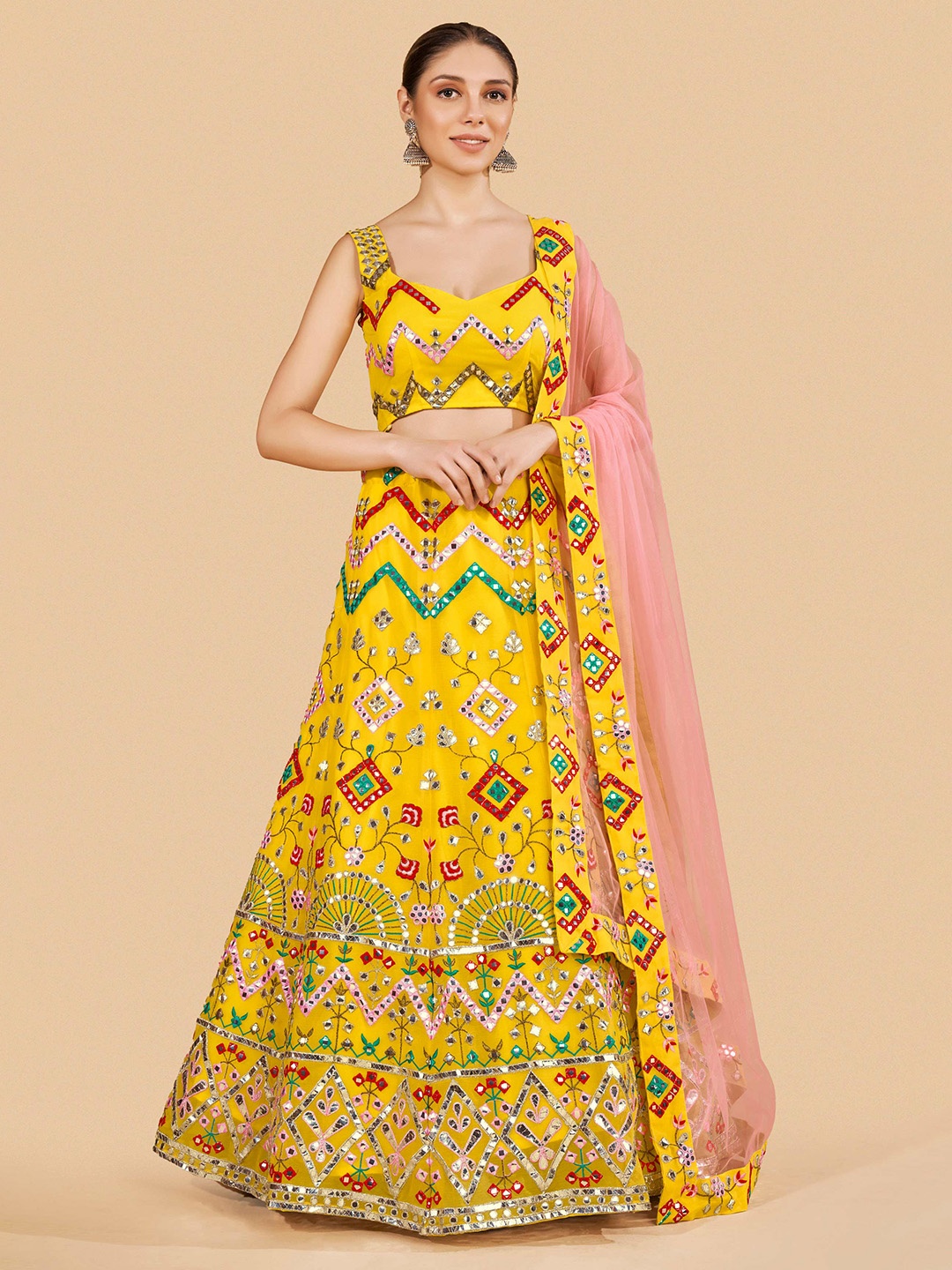 Fusionic Yellow & Pink Embroidered Semi-Stitched Lehenga & Unstitched Blouse With Dupatta
Fusionic Yellow & Pink Embroidered Semi-Stitched Lehenga & Unstitched Blouse With Dupatta
