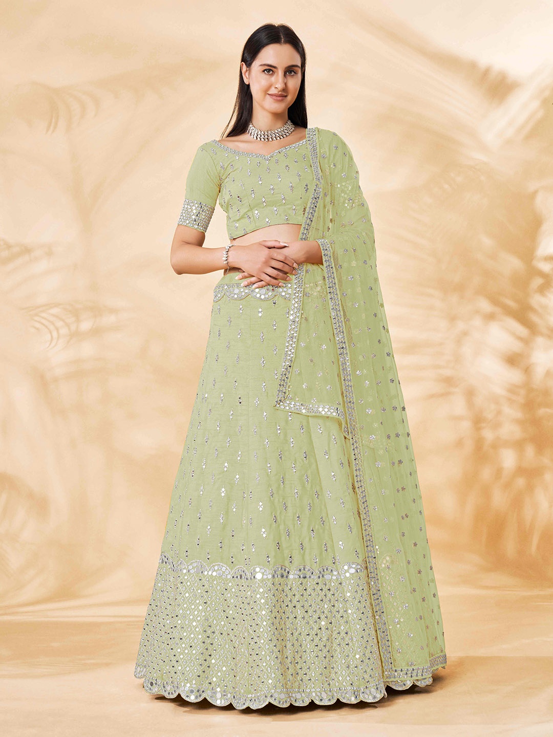 Fusionic Green & Silver-Toned Embroidered Mirror Work Semi-Stitched Lehenga & Unstitched Blouse With Dupatta
Fusionic Green & Silver-Toned Embroidered Mirror Work Semi-Stitched Lehenga & Unstitched Blouse With Dupatta