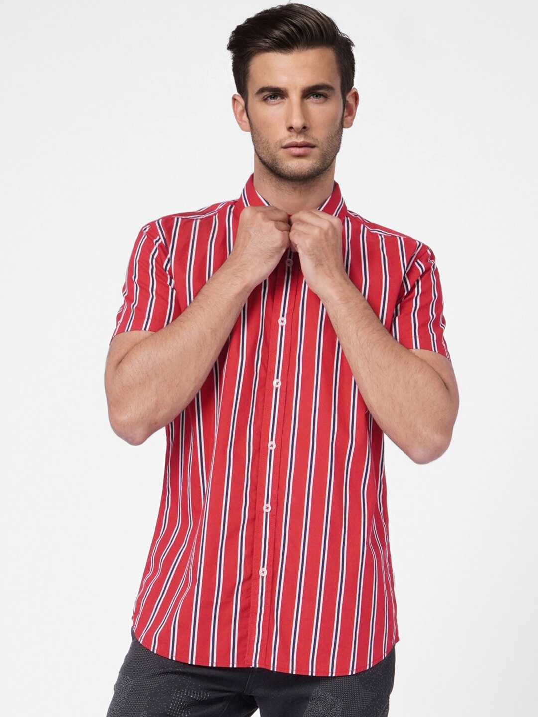 Jack & Jones Men Striped Cotton Casual Shirt, Red