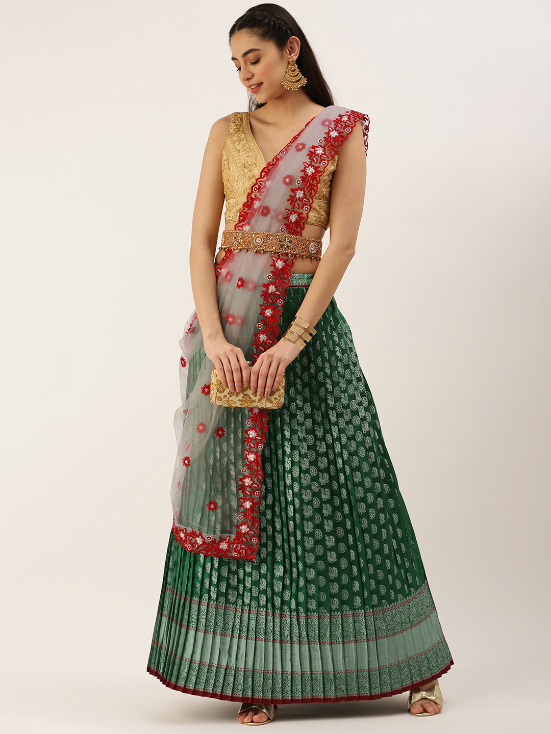 Kanakadara Green & Red Embroidered Unstitched Lehenga Choli With Dupatta
Kanakadara Green & Red Embroidered Unstitched Lehenga Choli With Dupatta