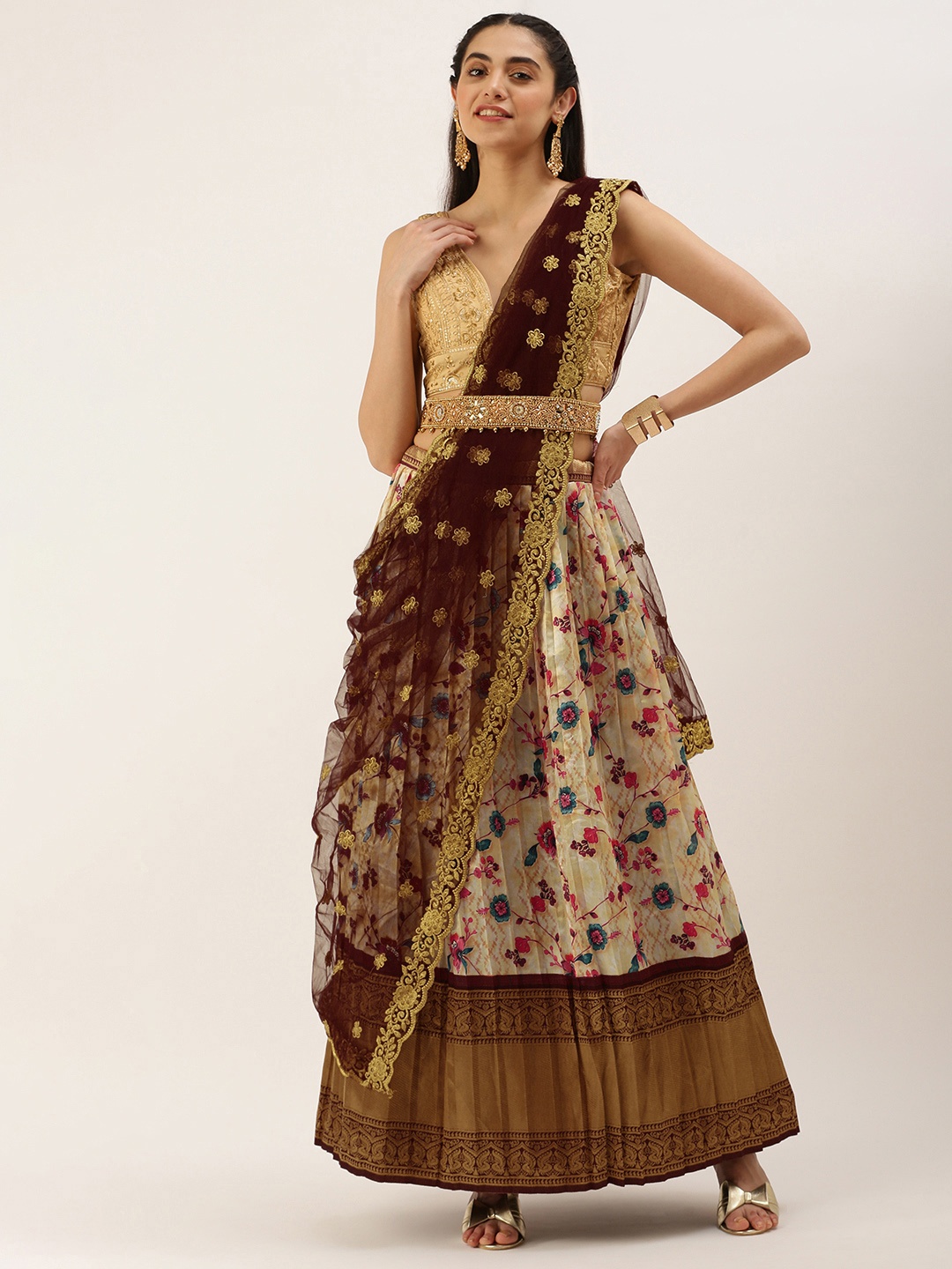 Kanakadara Beige & Coffee Brown Embroidered Unstitched Lehenga & Blouse With Dupatta
Kanakadara Beige & Coffee Brown Embroidered Unstitched Lehenga & Blouse With Dupatta