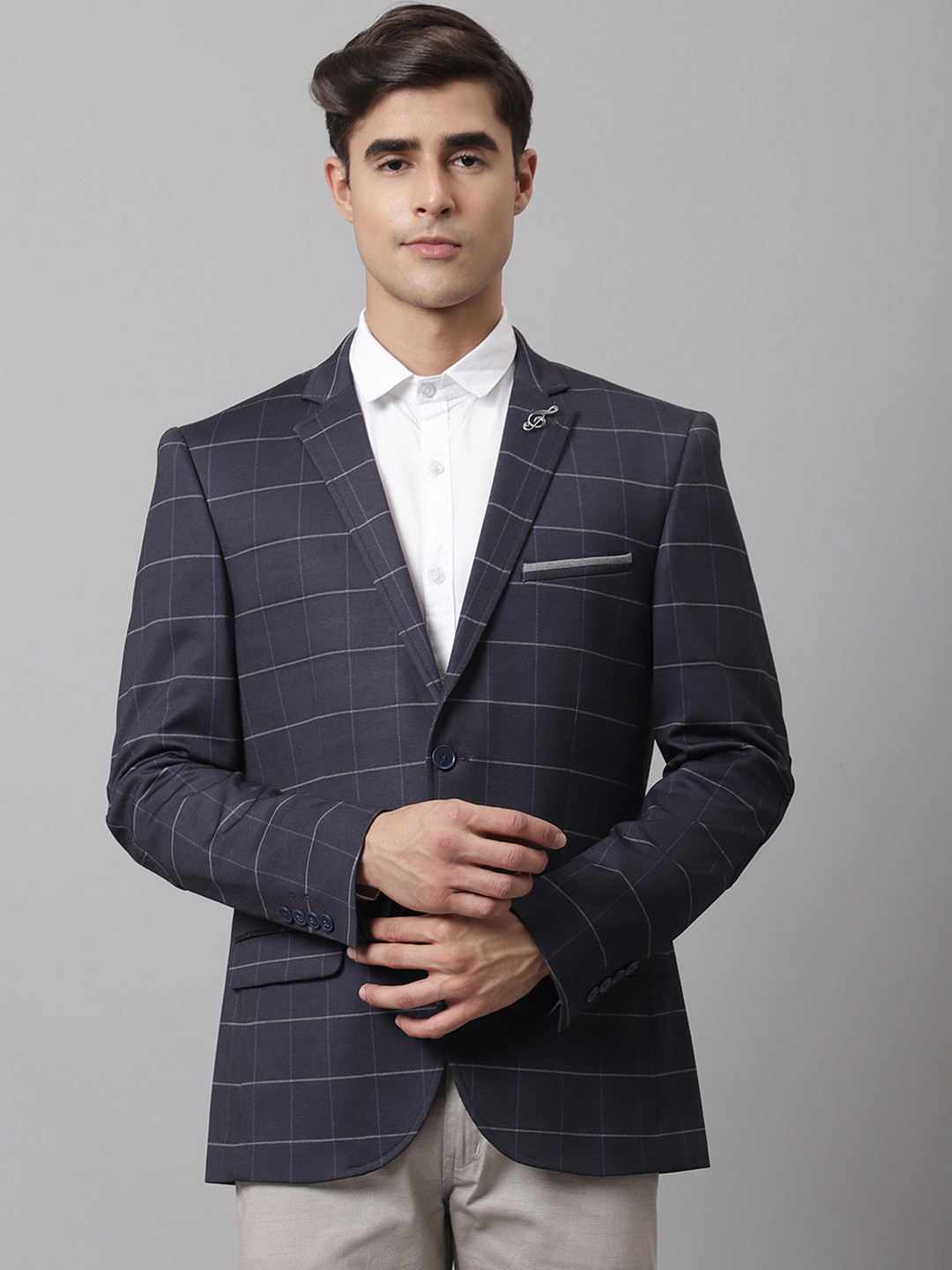 Cantabil Men Navy Blue Checked Suede Single-Breasted Formal Blazer 
Cantabil Men Navy Blue Checked Suede Single-Breasted Formal Blazer