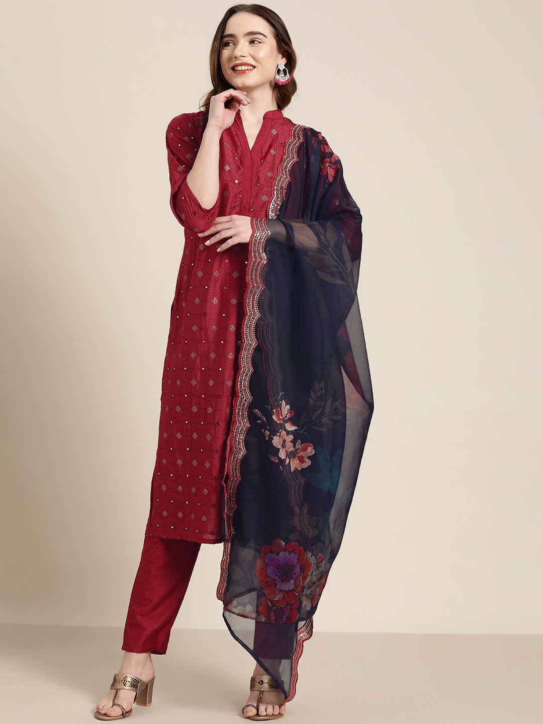 Tikhi Imli Embroidered Mirror Work Kurta with Trousers & Dupatta, Maroon
