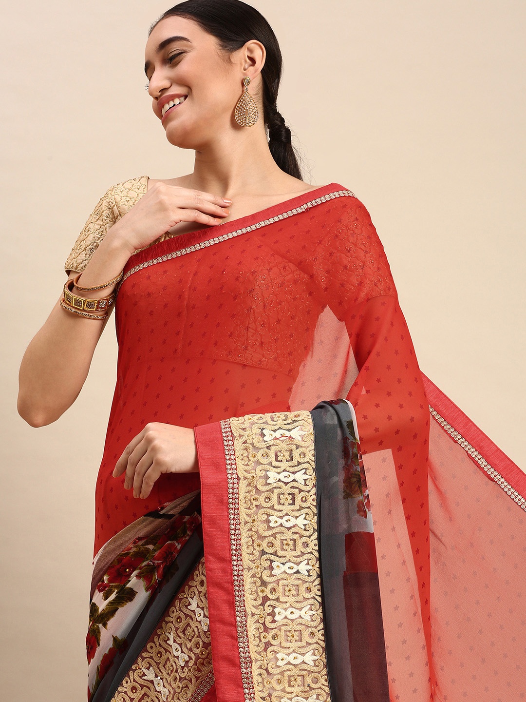 SANGAM PRINTS Floral Pure Georgette Saree, Orange