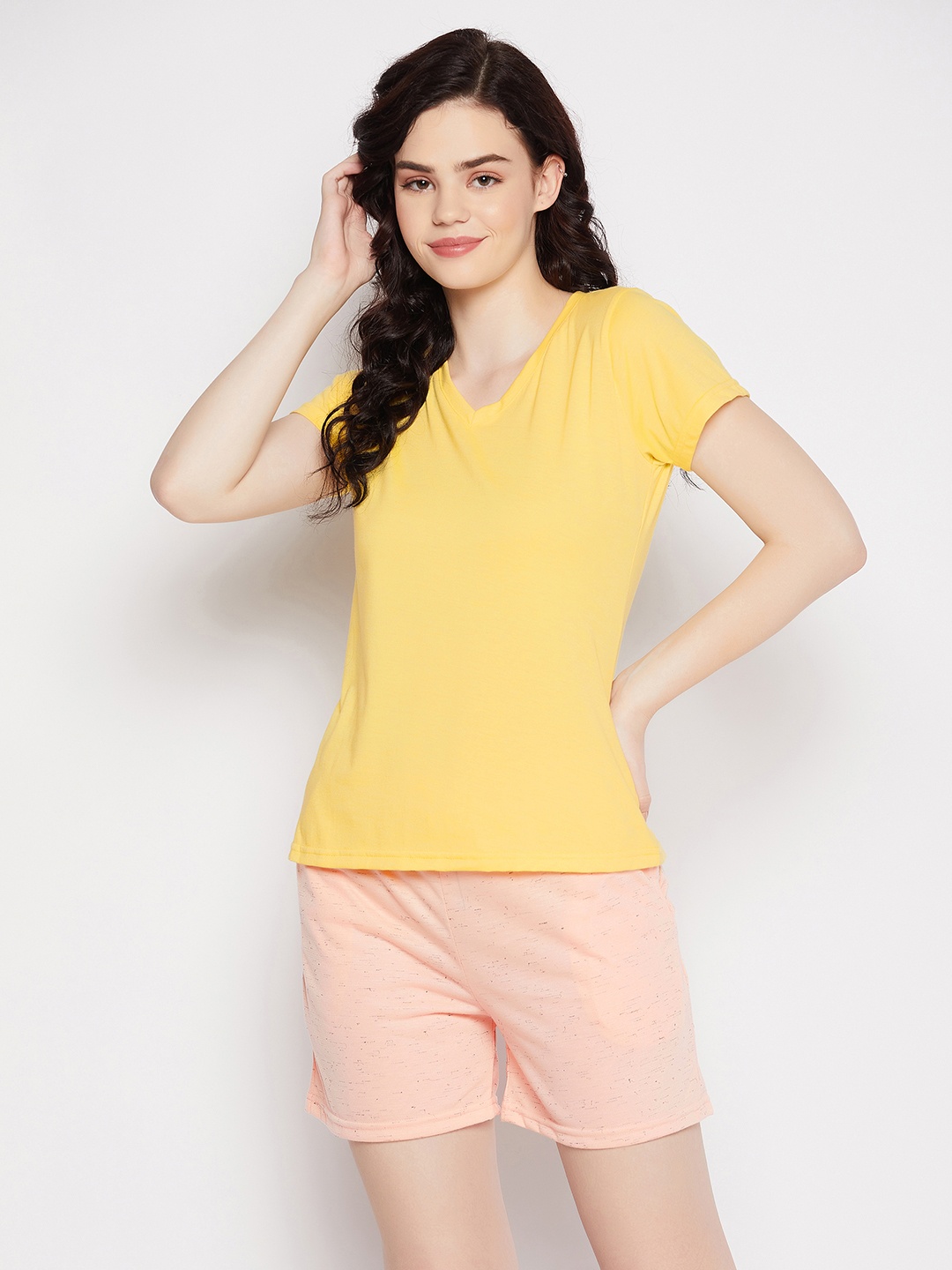 Clovia Women Peach & Yellow Pure Cotton Night Suit