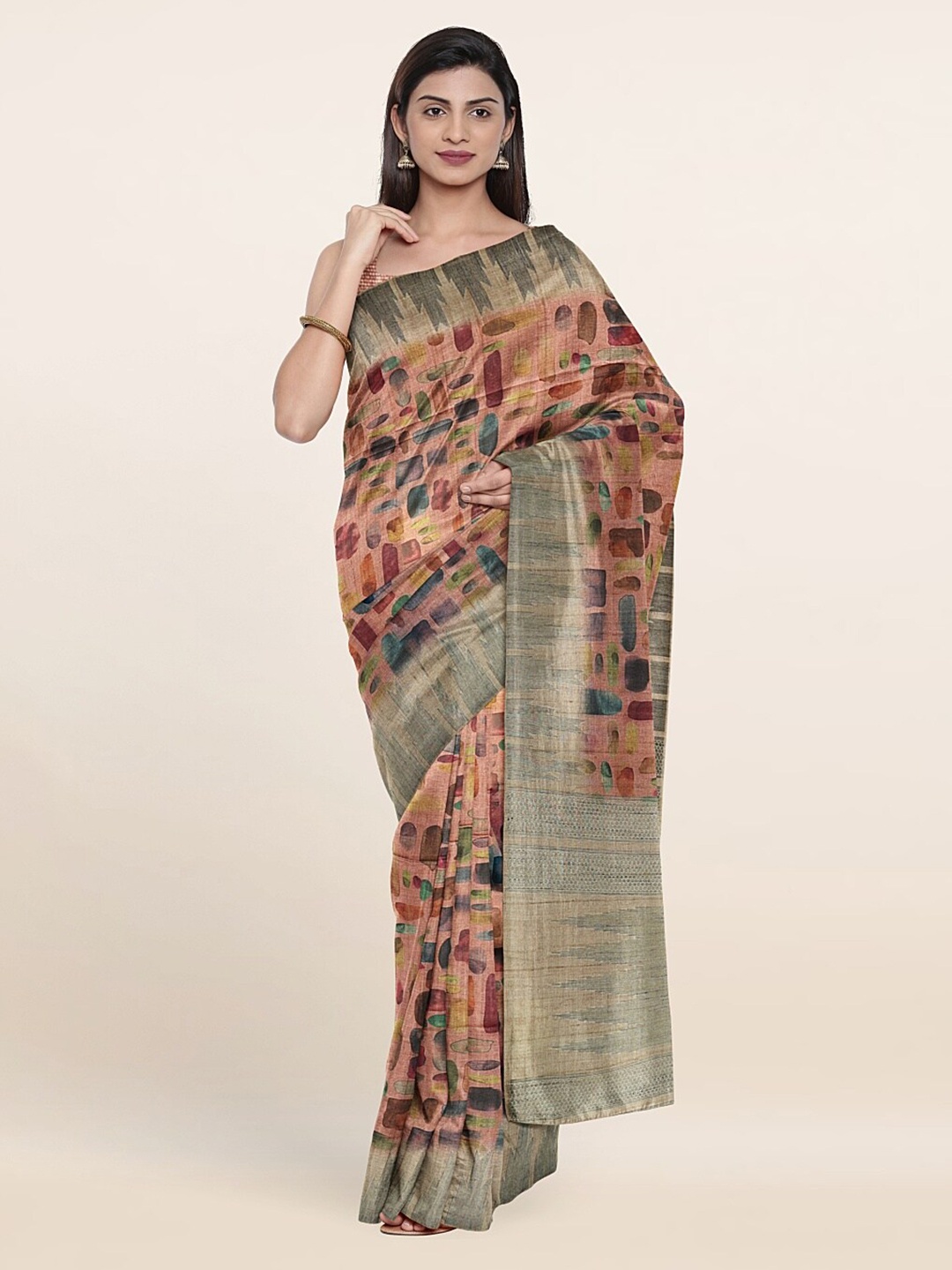 Pothys Pink & Green Jute Silk Saree