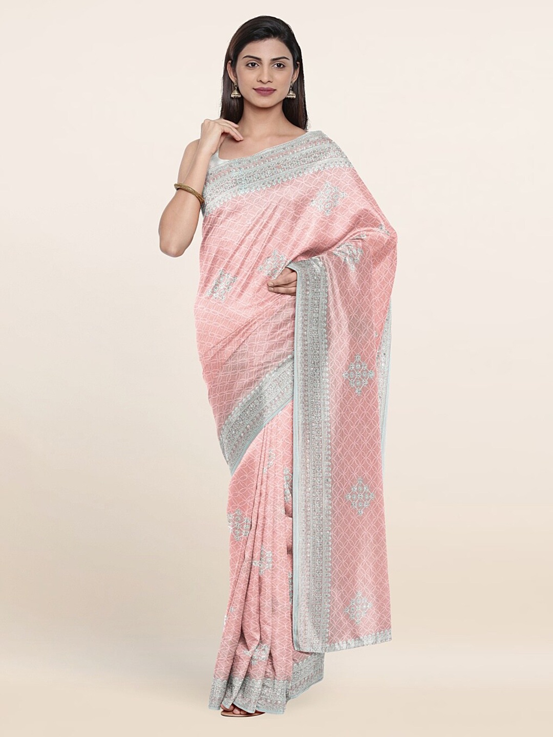 Pothys Pink & Silver-Toned Floral Sequinned Saree