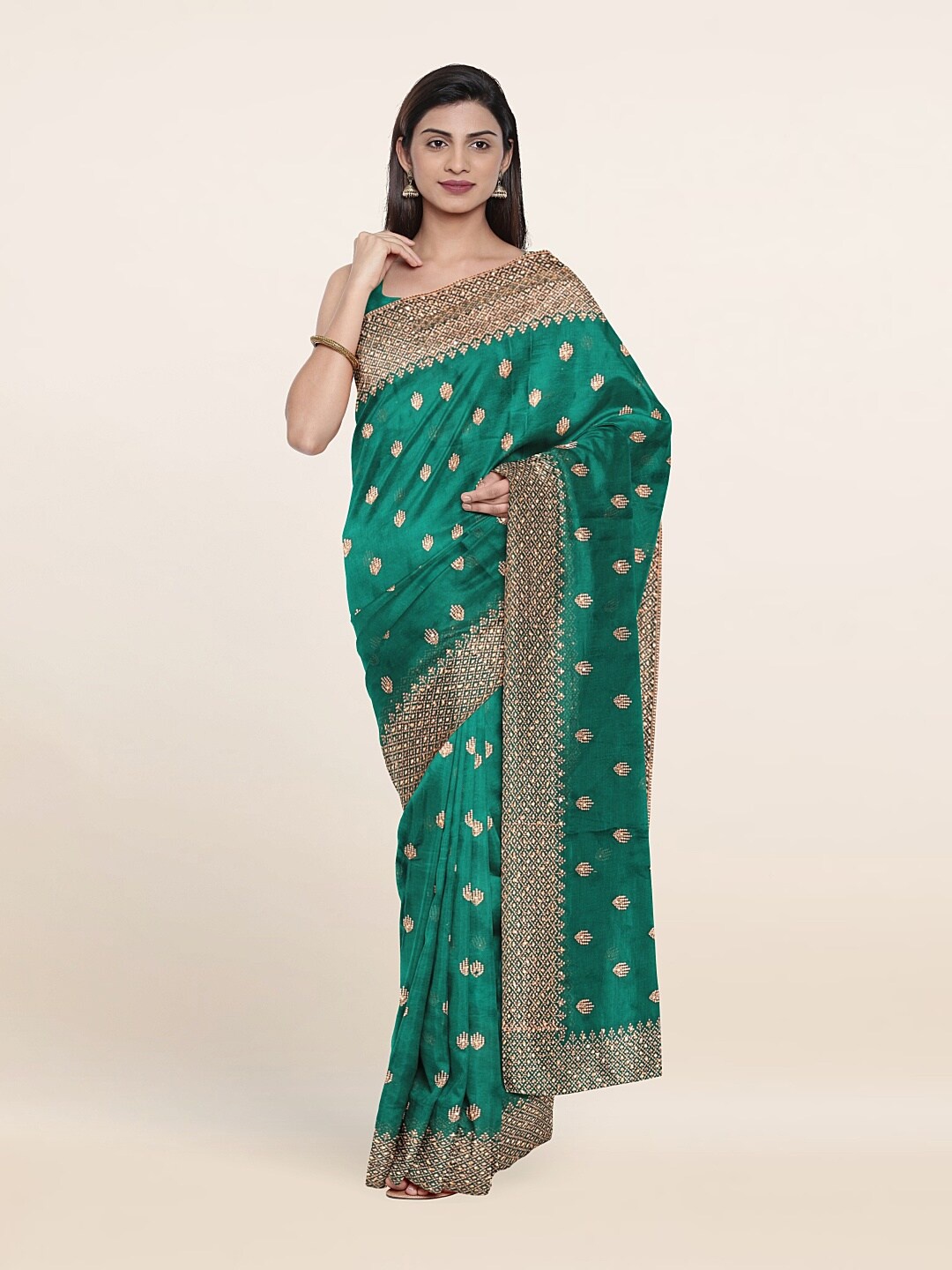 Pothys Green & Copper-Toned Floral Embroidered Saree