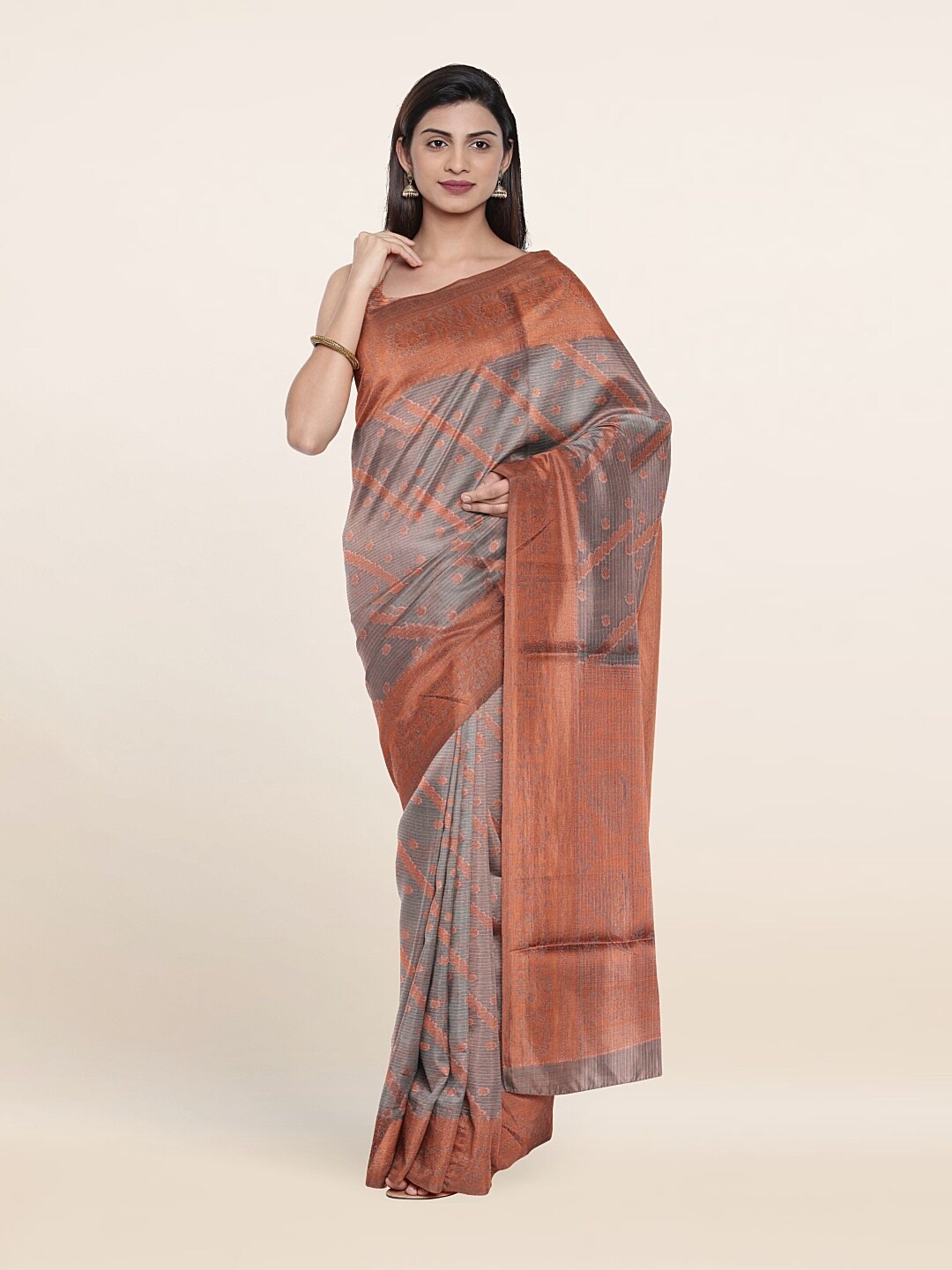Pothys Grey & Copper-Toned Ethnic Motifs Zari Jute Silk Saree