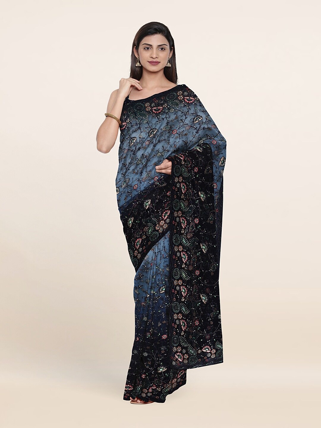 Pothys Blue & Black Floral Beads and Stones Net Saree