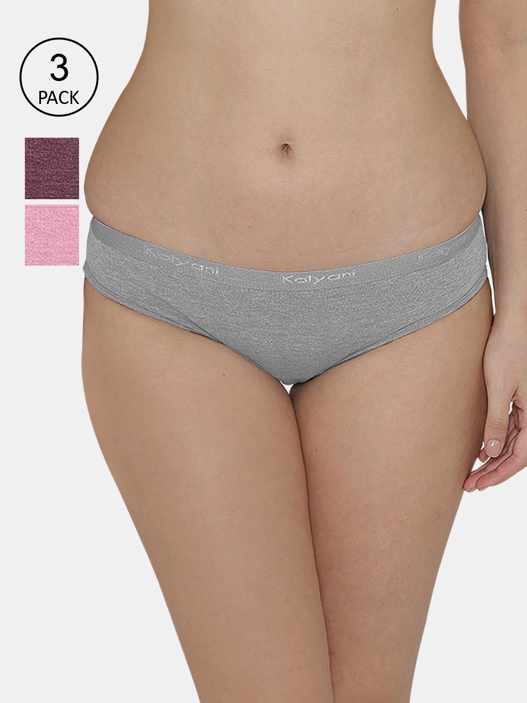 Kalyani Women Pack Of 3 Grey & Pink Solid Bikini Briefs