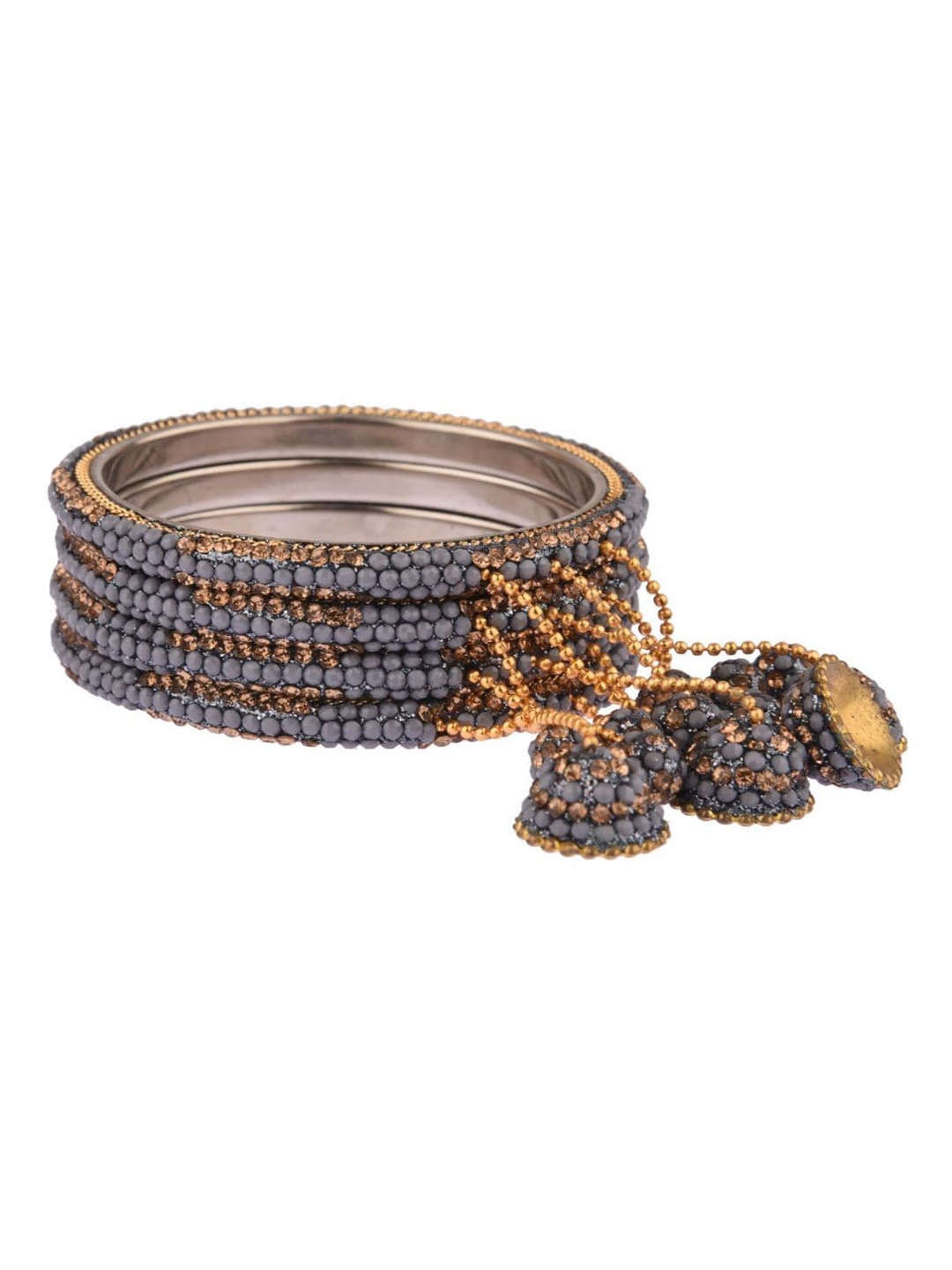 Efulgenz Set Of 4 Gold-Plated Grey Crystal-Studded Bangles