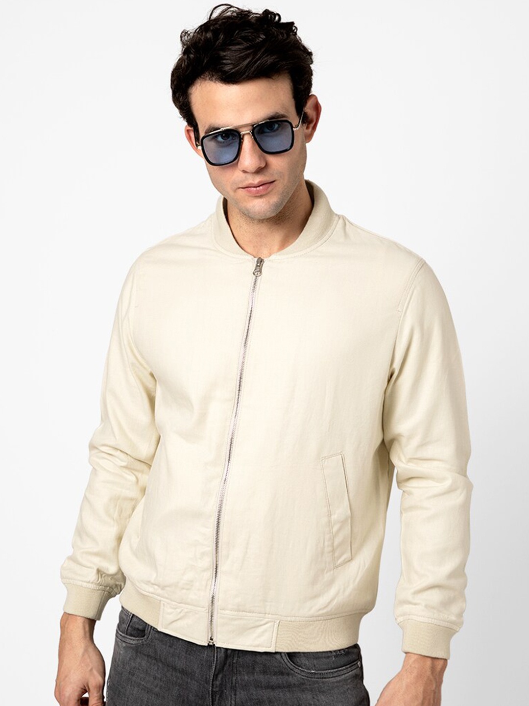 Snitch Men Cream Cotton Bomber Jacket